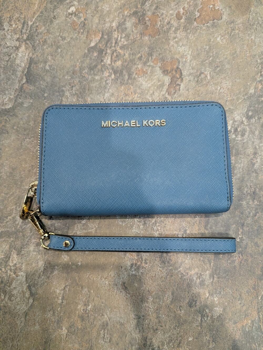 Michael Kors Light Blue Zipper Wallet/Wristlet. 6.5 in x 4 in x 0.5 in.